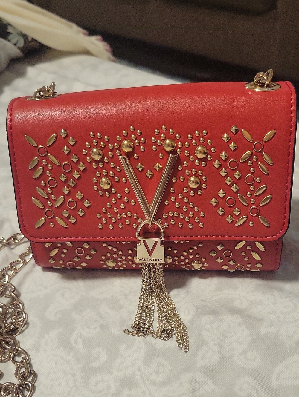 Mario Valentino Red Leather Shoulder Bag with Gold Studs